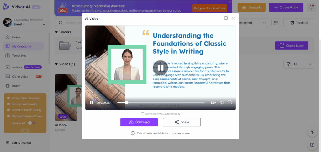  Vidnoz AI – One-Click PDF to Video with Avatars and Music